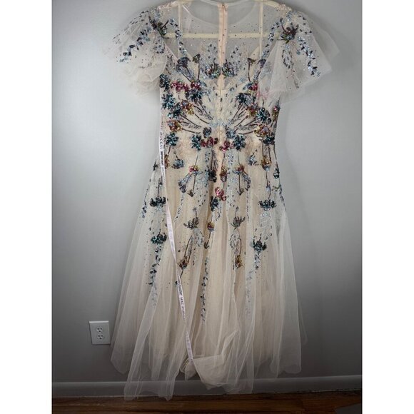 Mac Duggal 20510 Flutter Sleeve High Neck Embellished Tea Length Dress Sz 8 Nude - Picture 5 of 6